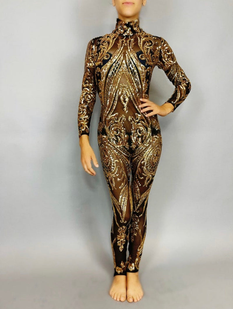 Gold Sequins Catsuit. Contortionist costume, elegant sexy fashion for dancers, circus performers, party outfit, stage clothing.