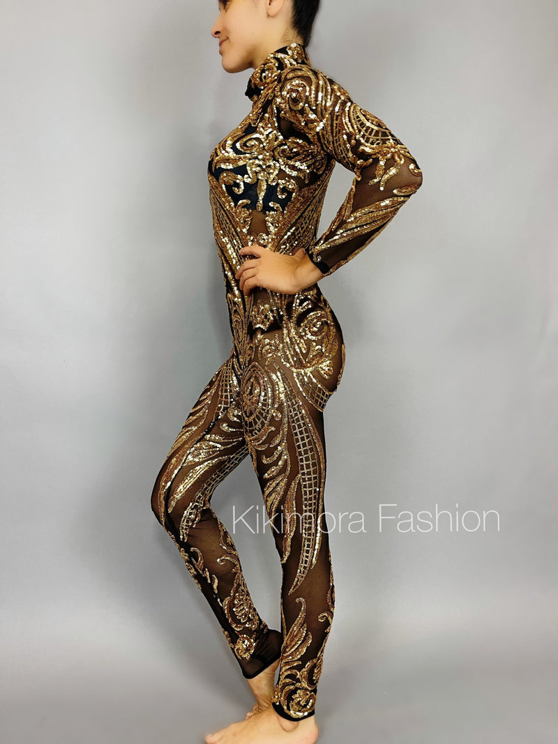 Gold Sequins Catsuit. Contortionist costume, elegant sexy fashion for dancers, circus performers, party outfit, stage clothing.