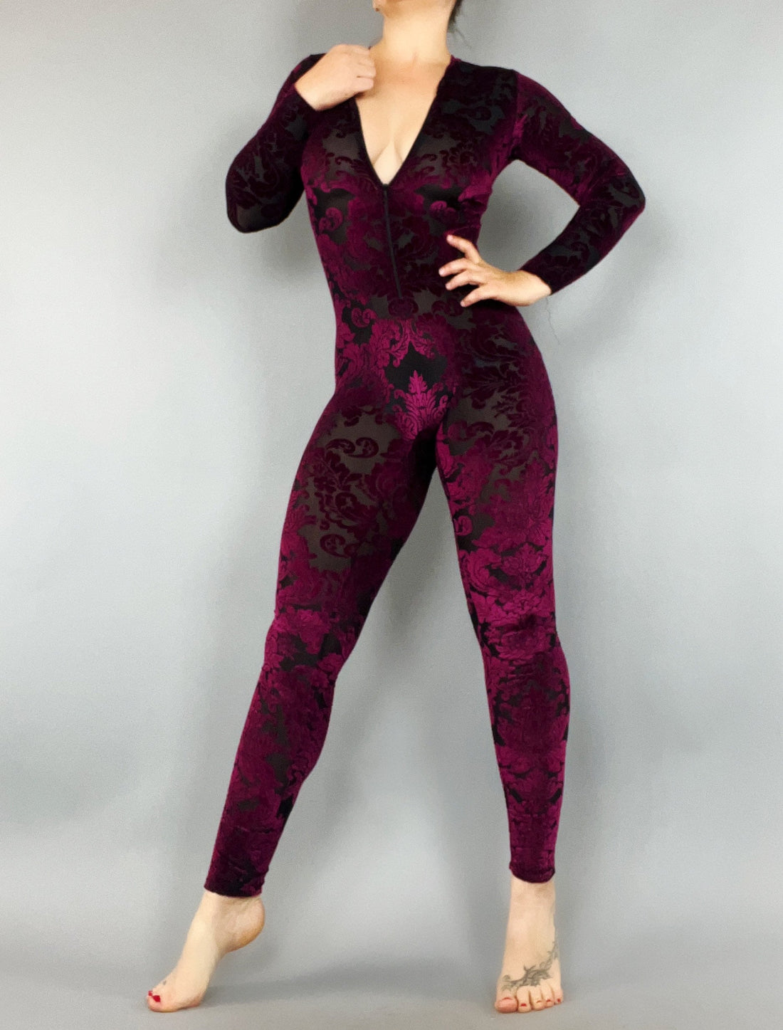 Burgundy Velvet Catsuit, Elegant Catsuit, Exotic Dancewear, Sheer Clothing