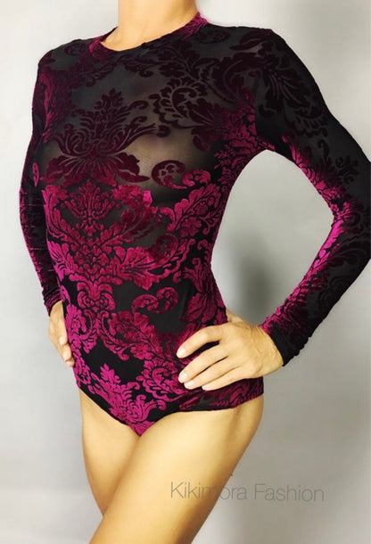 Velvet Leotard, Beautiful Gymnastic Costume, Exotic Dancewear, Trending Now, Sheer Bodysuit