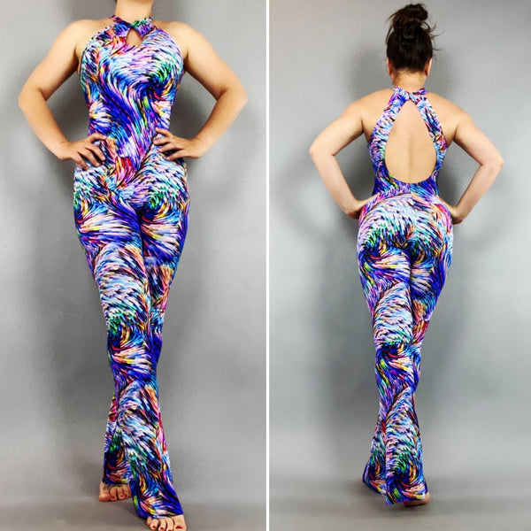 Festival onesie, Elegant jumpsuit with open back, exotic dance wear, trending now. Rave outfit