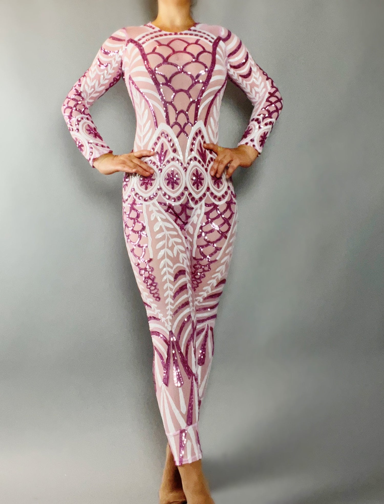 Pink and White Sequin Catsuit, Sequins Jumpsuit, Exotic Dancewear, Sheer Clothing, Festival Fashion, Trending Now, Showgirl Costume