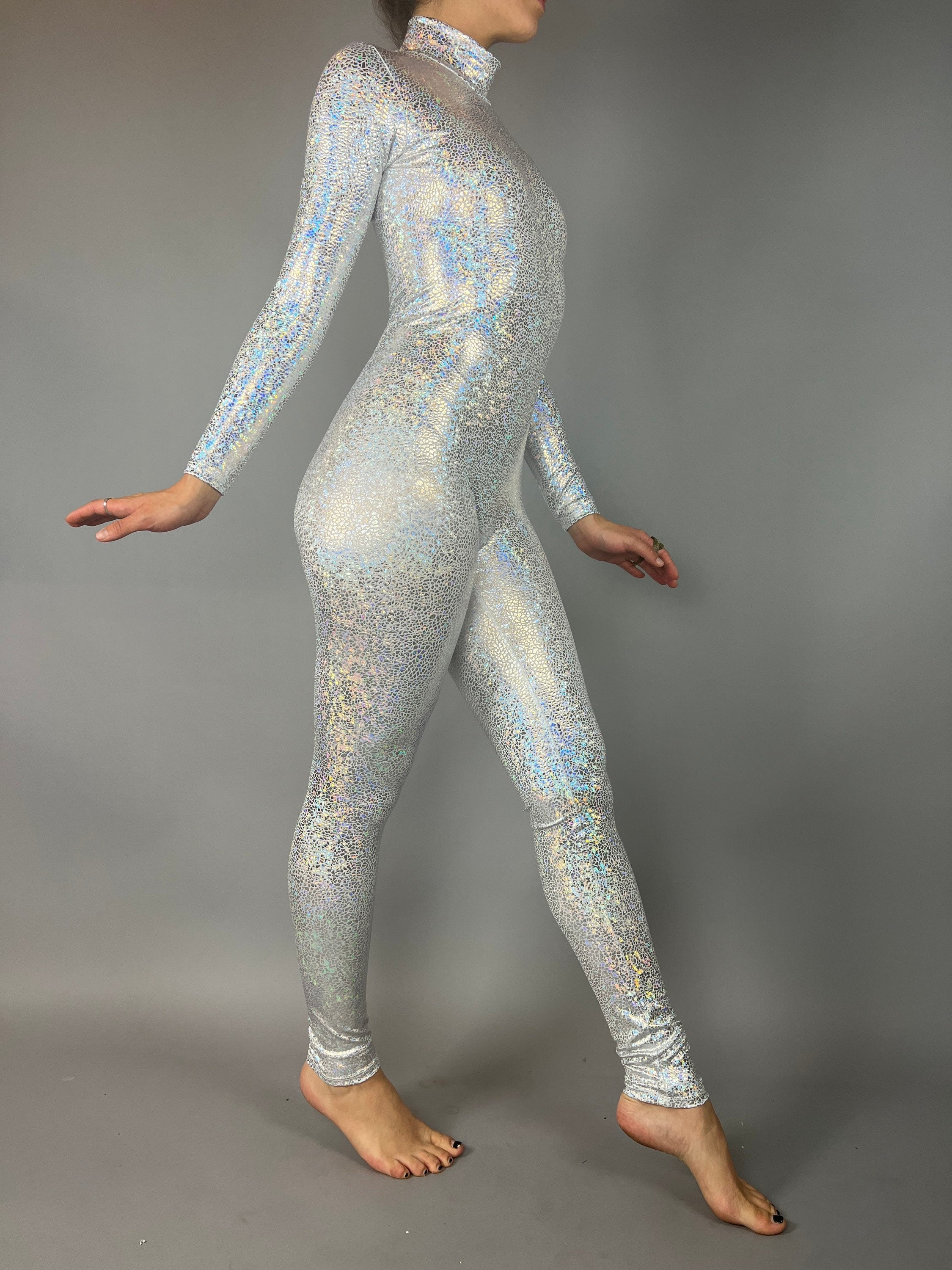 Holographic Silver Catsuit Shiny Jumpsuit Full Sleeves Turtleneck Kikimora Fashion Store