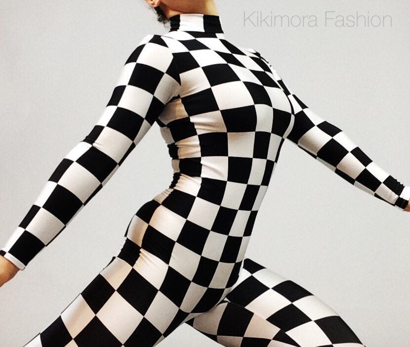 Checkers Print, Catsuit Costume, Exotic Dancewear, Neon Glow, Circus Outfit, Trending Now