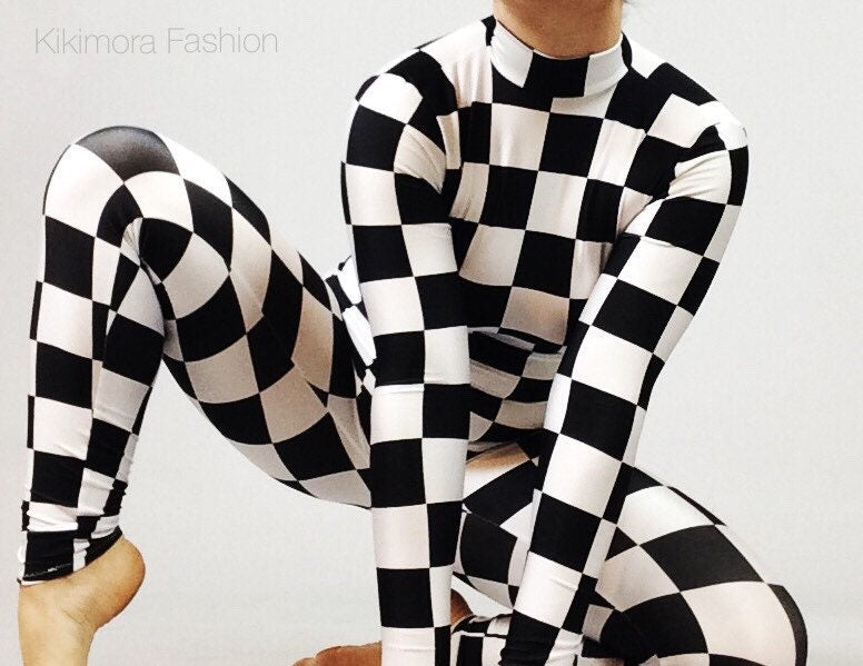 Checkers print, catsuit costume, Exotic Dance wear, Neon Glow, Circus outfit.Trending now.