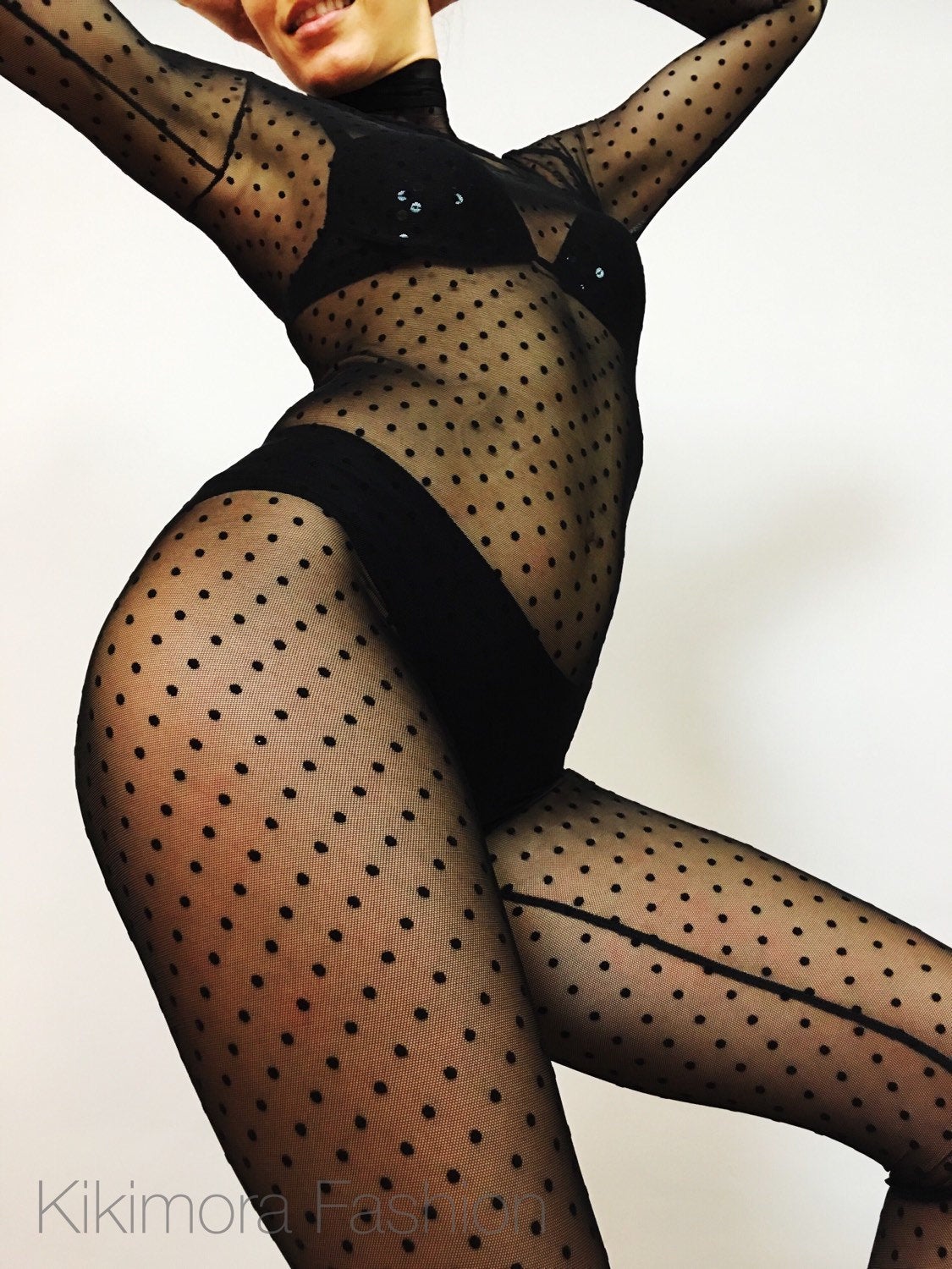 Catsuit Black Mesh Polkadots